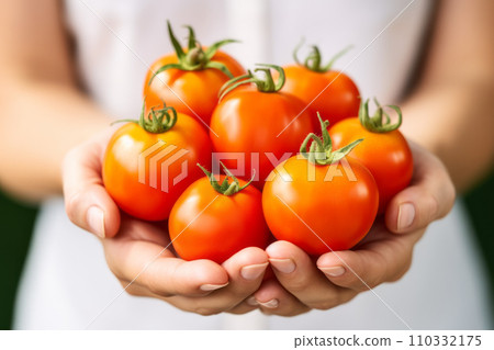 Freshly harvested ripe organic tomatoes from the home garden lie on a woman's hand. "AI generated image" Freshly harvested ripe organic tomatoes from the home garden lie on a woman's hand. "AI generated image" 110332175