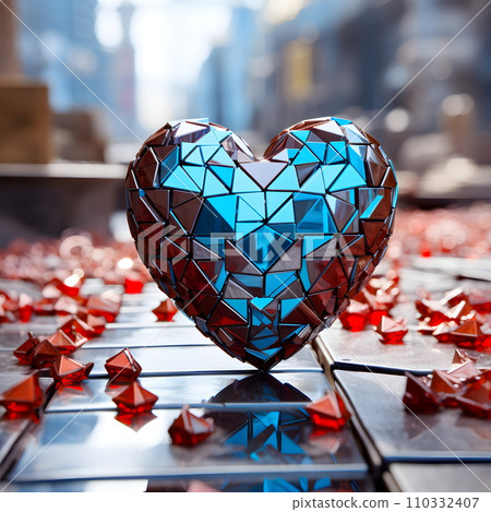 3D illustration of a shiny heart made of metal red and blue contrasting image It conveys love, understanding, hope, happiness, courage, power, balance and peace It depend on the viewer to interpret. 3D illustration of a shiny heart made of metal red and blue contrasting image It conveys love, understanding, hope, happiness, courage, power, balance and peace It depend on the viewer to interpret. 110332407