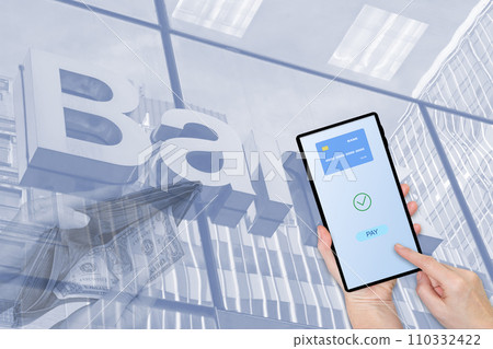 Pay by cash versus pay by smartphone online concept. Pay by cash versus pay by smartphone online concept. 110332422