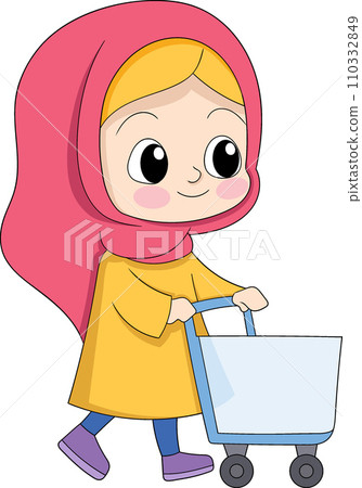 Muslim girl is going shopping at the beginning of the month for daily needs, walking with a happy face 110332849