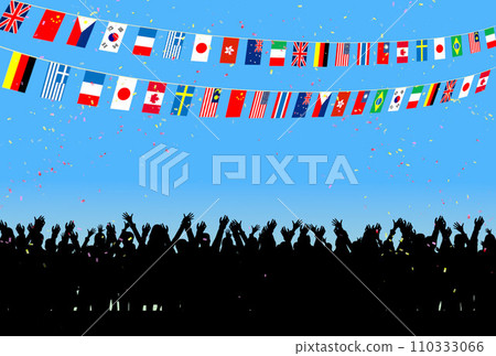 People excited under the blue sky with the flags of all nations spreading out People excited under the blue sky with the flags of all nations spreading out 110333066