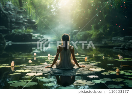 A woman practicing yoga or zen meditation by the water. Improve your mind and spirituality to achieve growth, freedom, and success. "AI image generation" A woman practicing yoga or zen meditation by the water. Improve your mind and spirituality to achieve growth, freedom, and success. "AI image generation" 110333177