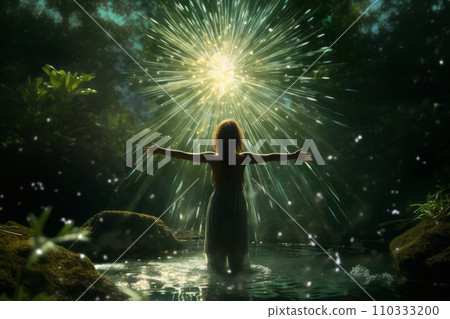 A woman practicing yoga or zen meditation by the water. Improve your mind and spirituality to achieve growth, freedom, and success. "AI image generation" 110333200