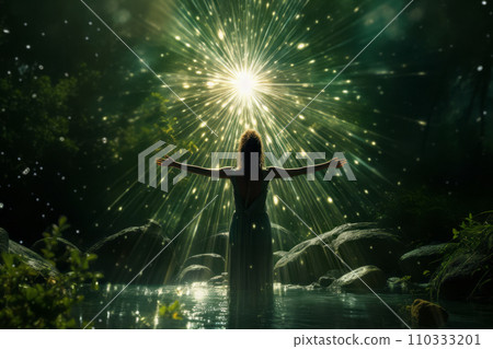 A woman practicing yoga or zen meditation by the water. Improve your mind and spirituality to achieve growth, freedom, and success. "AI image generation" 110333201