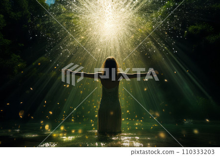 一位女士在水邊練習瑜珈或禪宗冥想。提高你的思想和靈性,以實現成長、自由和成功。 《AI圖像生成》 一位女士在水邊練習瑜珈或禪宗冥想。提高你的思想和靈性,以實現成長、自由和成功。 《AI圖像生成》 110333203