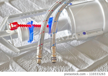 Plumbing. Flexible metal steel faucet hoses, flush mechanism, siphon fittings 110333263