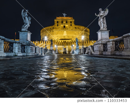Castel Sant'Angelo at night seen from Ponte Sant'Angelo Castel Sant'Angelo at night seen from Ponte Sant'Angelo 110333453