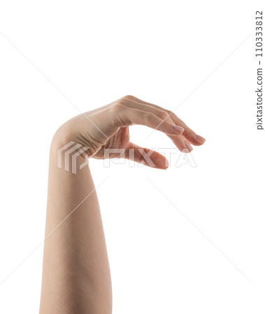 Young woman hand holding something with fingers isolated on white background Young woman hand holding something with fingers isolated on white background 110333812