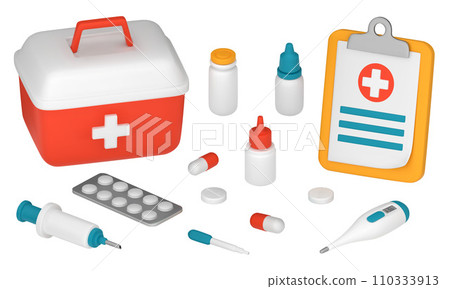 A first aid kit with medical supplies. Set of medical items, thermometer, syringe, pipette, tablets. 3D vector illustration isolated on a white background. A first aid kit with medical supplies. Set of medical items, thermometer, syringe, pipette, tablets. 3D vector illustration isolated on a white background. 110333913