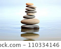 The Zen stone is on the surface of the water. A space of relaxation and tension frees and grows the soul and spirit. "AI image generation" 110334146