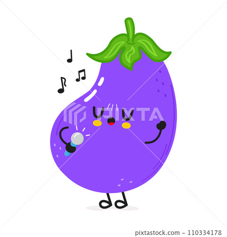 Eggplant sings into a microphone character. Vector hand drawn cartoon kawaii character illustration icon. Isolated on white background. Eggplant character concept Eggplant sings into a microphone character. Vector hand drawn cartoon kawaii character illustration icon. Isolated on white background. Eggplant character concept 110334178
