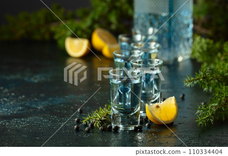 Gin with juniper berries and lemon slices. 110334404
