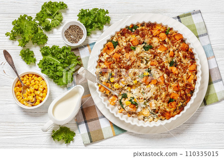 Sausage Hash Brown Breakfast Casserole, top view 110335015