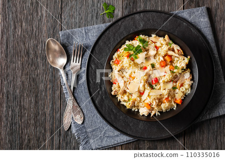 Chicken Fried Rice with vegetables in black bowl 110335016
