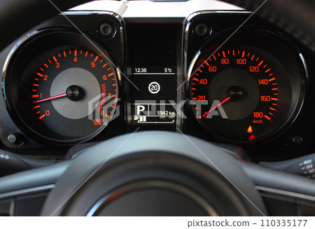 Instrument Cluster On A Dashboard Indicates Zero Speed And Minimum Engine Revolutions While Car Staying Instrument Cluster On A Dashboard Indicates Zero Speed And Minimum Engine Revolutions While Car Staying 110335177