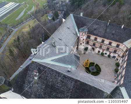 Tratzberg Castle in Tyrol, Austria. Aerial Drone View at winter twilights. White Renaissance Castle with Panorama View Tratzberg Castle in Tyrol, Austria. Aerial Drone View at winter twilights. White Renaissance Castle with Panorama View 110335497