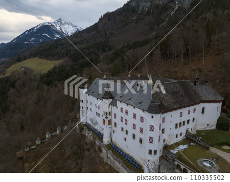 Tratzberg Castle in Tyrol, Austria. Aerial Drone View at winter twilights. White Renaissance Castle with Panorama View 110335502