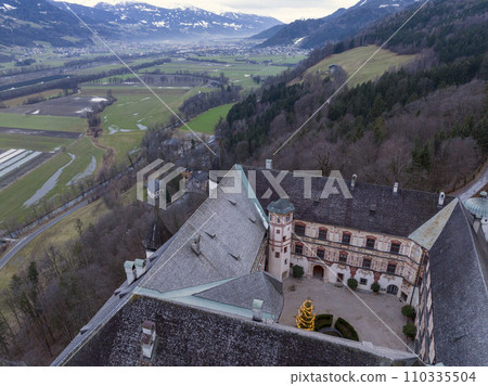 Tratzberg Castle in Tyrol, Austria. Aerial Drone View at winter twilights. White Renaissance Castle with Panorama View Tratzberg Castle in Tyrol, Austria. Aerial Drone View at winter twilights. White Renaissance Castle with Panorama View 110335504