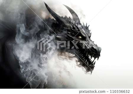Image of a drargon and black smoke on white background. Mythical creatures. Animal. 110336632