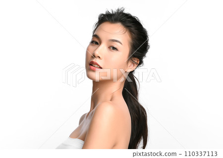 Beautiful young asian woman with clean fresh skin on white background, Face care, Facial treatment, Cosmetology, beauty and spa, Asian women portrait. 110337113