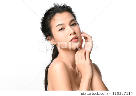 Beautiful young asian woman with clean fresh skin on white background, Face care, Facial treatment, Cosmetology, beauty and spa, Asian women portrait. 110337114