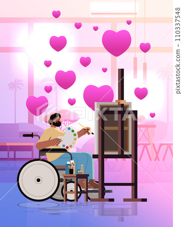 disabled man artist in wheelchair drawing on canvas creative art hobby people with disabilities valentines day celebration concept disabled man artist in wheelchair drawing on canvas creative art hobby people with disabilities valentines day celebration concept 110337548