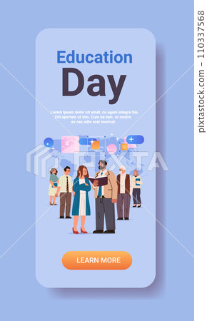mix race students group with books standing together during meeting education day e-learning concept vertical copy space 110337568