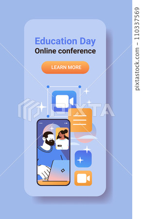 students having online conference during video call on smartphone screen education day live webinar e-learning concept 110337569