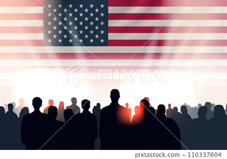 Martin Luther King Jr. Day protesters group silhouettes with american flag MLK banner Martin Luther King Jr. Day protesters group silhouettes with american flag MLK banner 110337604
