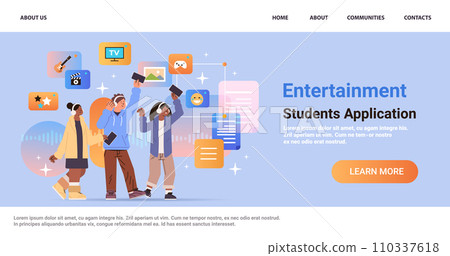 mix race students in headphones listen music party event entertainment and disco friends enjoy favorite songs students application 110337618