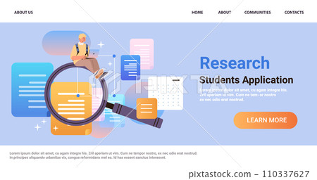 student sitting on magnifying glass and using laptop online research e-learning distance education concept student sitting on magnifying glass and using laptop online research e-learning distance education concept 110337627
