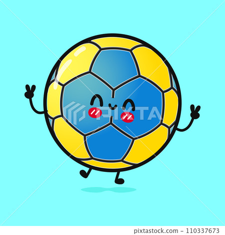 Jumping Handball. Vector hand drawn cartoon kawaii character illustration icon. Isolated on blue background. Handball ball character concept Jumping Handball. Vector hand drawn cartoon kawaii character illustration icon. Isolated on blue background. Handball ball character concept 110337673