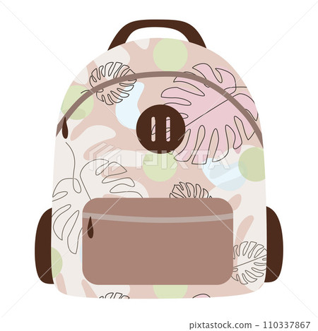 Abstract school backpack in flat style. Modern Backpack with Monstera print, illustration isolated on white for sticker patch. Backpack, bag for children, students, travelers, tourists. Design element 110337867
