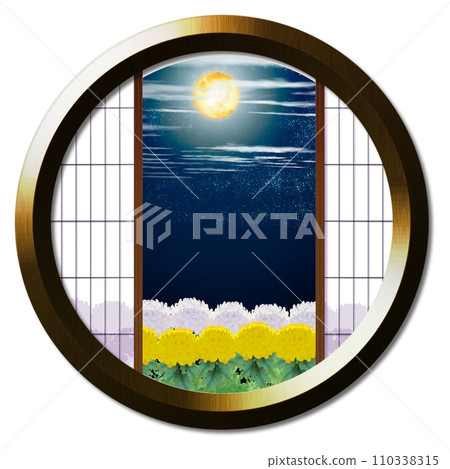 A landscape with chrysanthemums illuminated by the moon seen from a round window A landscape with chrysanthemums illuminated by the moon seen from a round window 110338315