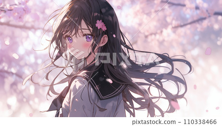 櫻花盛開和女學生畢業/入學季節的形象 110338466