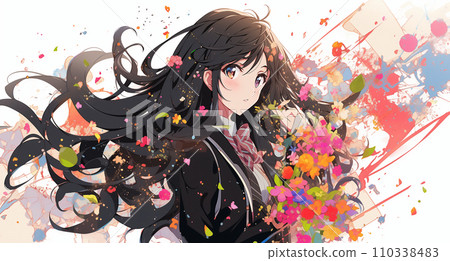 Image of cherry blossoms in full bloom and female student graduation/admission season 110338483