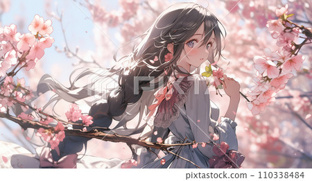 Image of cherry blossoms in full bloom and female student graduation/admission season 110338484