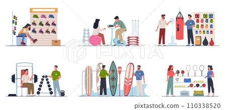 Sport shop people. Buyers try on roller skates, consider exercise machines and tennis rackets, athletes choose equipment, happy customers consult with seller, man and woman nowaday vector set 110338520