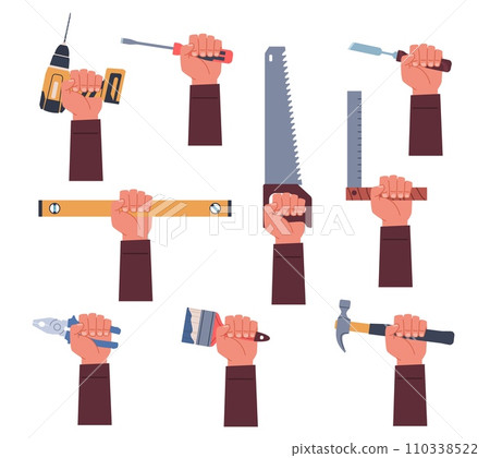 Set of hands that hold work tools. Professional worker equipment. Hammer, wrench, calipers and pliers in arm. Repair items and instruments. Cartoon flat isolated vector construction illustration 110338522