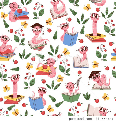 Seamless pattern with scientist worm wearing glasses with books. Decor textile, wrapping paper, wallpaper design. Print for fabric. Earthworm smart insect, cartoon flat vector concept 110338524
