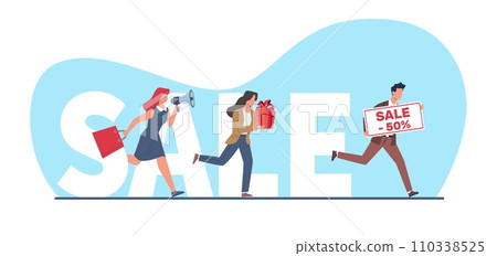 Pushy salesmen chasing fleeing customer. Woman with loudspeaker, girl buying presents and gifts for holidays. Discount and sale offer. Huge letters. Cartoon flat isolated vector concept 110338525