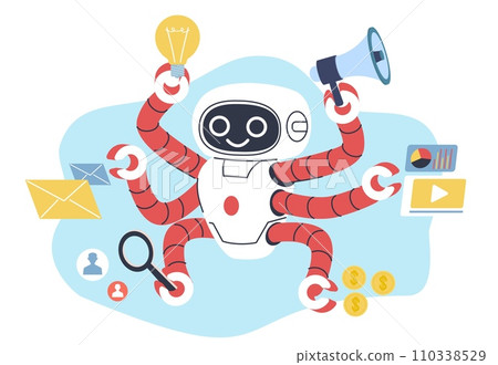 Multitasking robot. artificial intelligence machine with many hands hold letter, megaphone and idea sign. Automation system. Futuristic android chatbot. Cartoon isolated vector concept 110338529