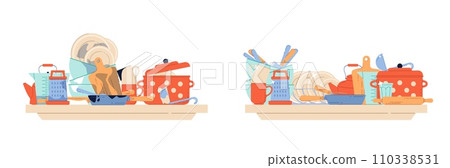 Mountain of dirty dishes and clean washed ceramic plates. Cooking and dining crockery, bowls and cups, saucepan and mug. Housework on kitchen. Cartoon flat isolated vector concept Mountain of dirty dishes and clean washed ceramic plates. Cooking and dining crockery, bowls and cups, saucepan and mug. Housework on kitchen. Cartoon flat isolated vector concept 110338531