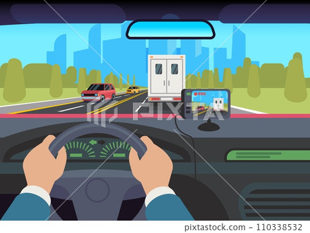 Man rides in car with video recorder running on road. Drivers hand on steering wheel. Camera memory system for auto. Transport equipment. Automobile interior. Cartoon flat vector concept 110338532