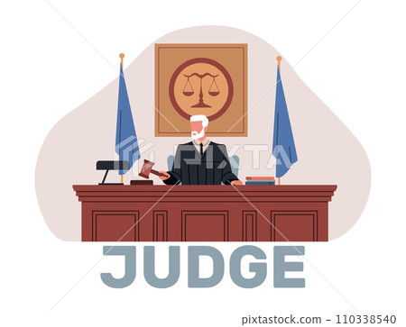 Judge in traditional black robe pronounces sentence. Man holding hammer sitting courtroom trial or tribunal. Male character make verdict in court. Cartoon flat isolated vector concept Judge in traditional black robe pronounces sentence. Man holding hammer sitting courtroom trial or tribunal. Male character make verdict in court. Cartoon flat isolated vector concept 110338540
