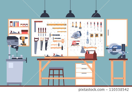 Interior of home workshop with tools, work table and special machines. Different construction equipment and supplies for craftsman and carpenter. Cartoon flat isolated vector concept 110338542