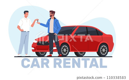 Car rental concept, salon manager gives keys car to client. Automobile sharing service. Rent auto agency. City transport. Man buying vehicle cartoon flat isolated vector illustration Car rental concept, salon manager gives keys car to client. Automobile sharing service. Rent auto agency. City transport. Man buying vehicle cartoon flat isolated vector illustration 110338583