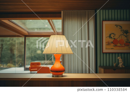 AI-generated content. Stylish orange lamp illuminating mid century room decor AI-generated content. Stylish orange lamp illuminating mid century room decor 110338584