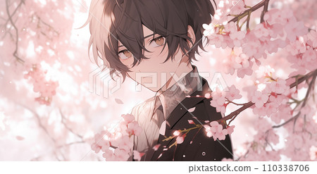 Image of cherry blossoms in full bloom and male student graduation/admission season 110338706