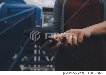 Happy attractive asian woman traveler with backpack at the modern airport terminal, copy space, Tourist journey trip concept 110338829